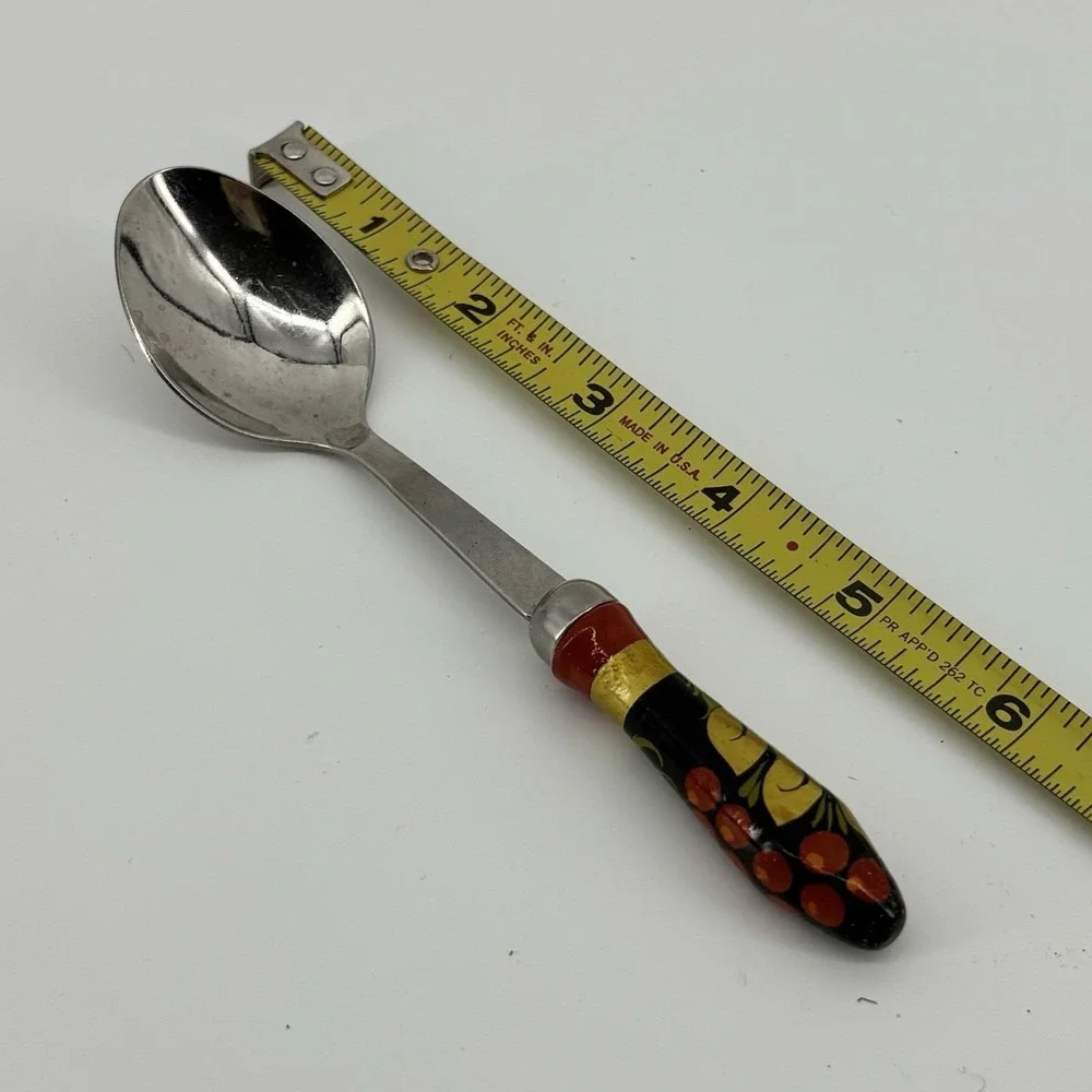 Vintage Russian Flatware: Hand Painted Wood Stainless Spoon Khokhloma